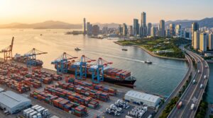 Luftaufnahme eines geschäftigen Containerhafens mit Frachtschiff am Kai, Hafenkränen, gestapelten Containern und einer nahen Stadt mit Autobahn.